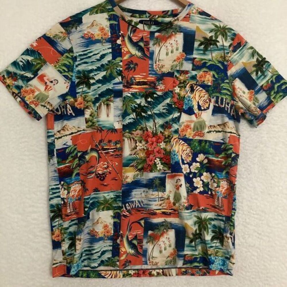 Polo Ralph Lauren Custom Fit Hawaiian‎ Shirt Mens L Pocket Tee AOP Hula Girl